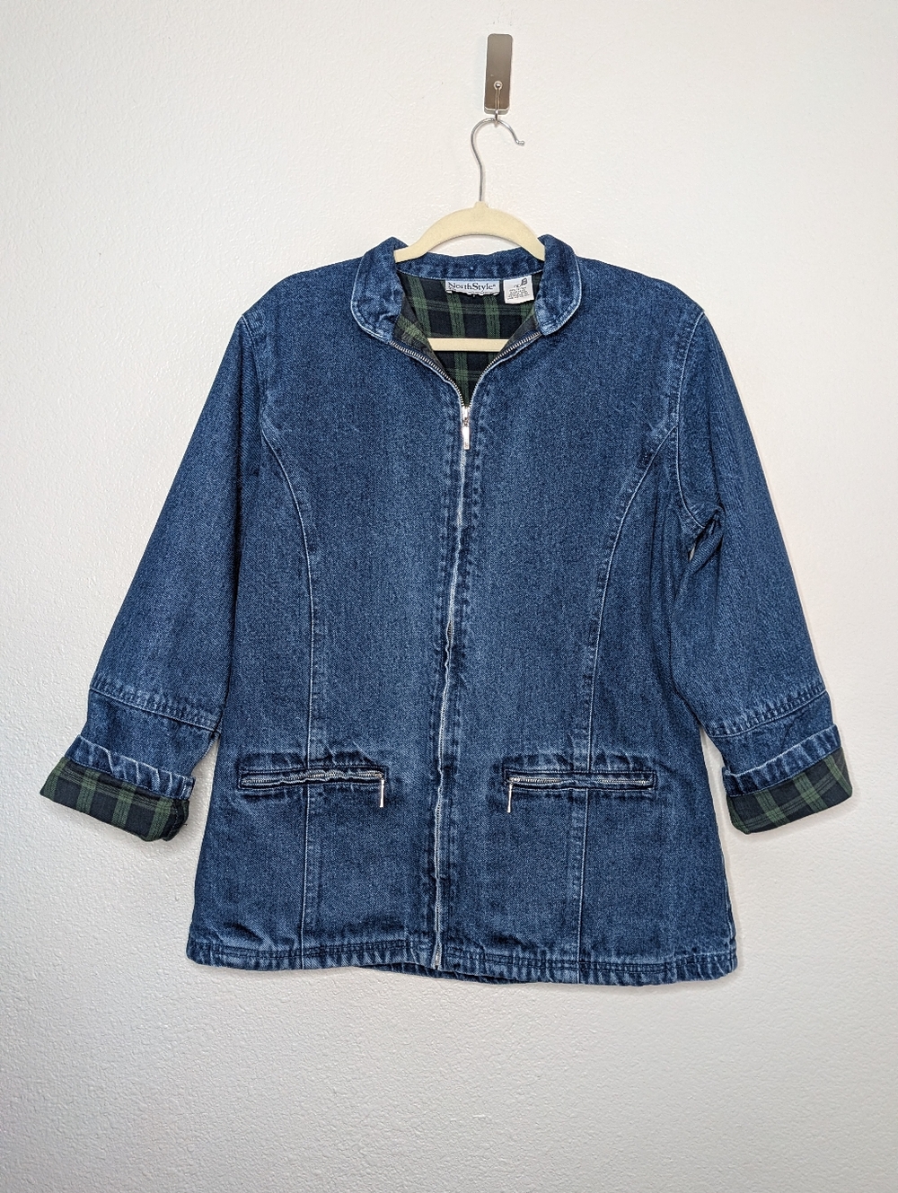 North Style Blue Denim Nautical Chore Coat Jacket with Green Plaid Interior S